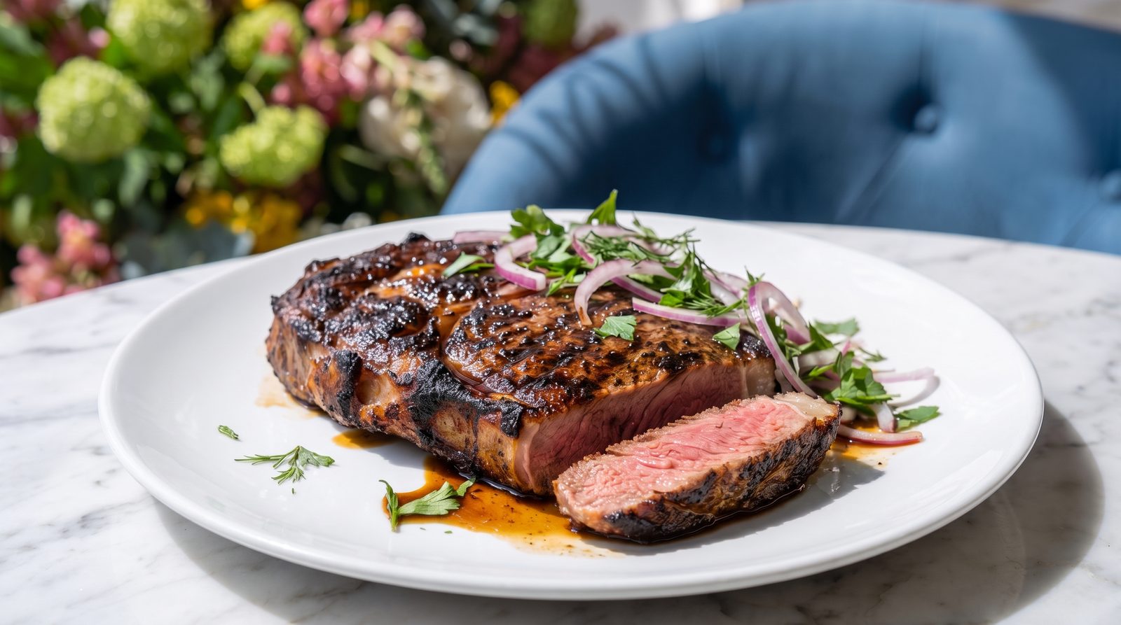 Charcoal-grilled rib-eye over live fire